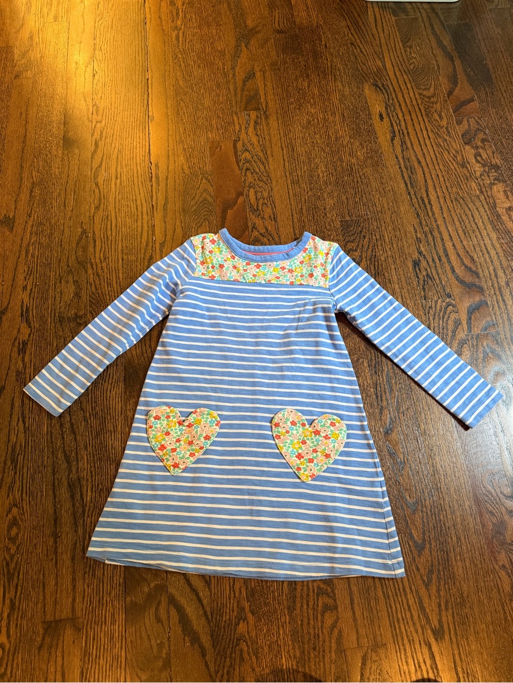 Mini Boden Blue and White Stripe Dress with Floral Heart Pockets